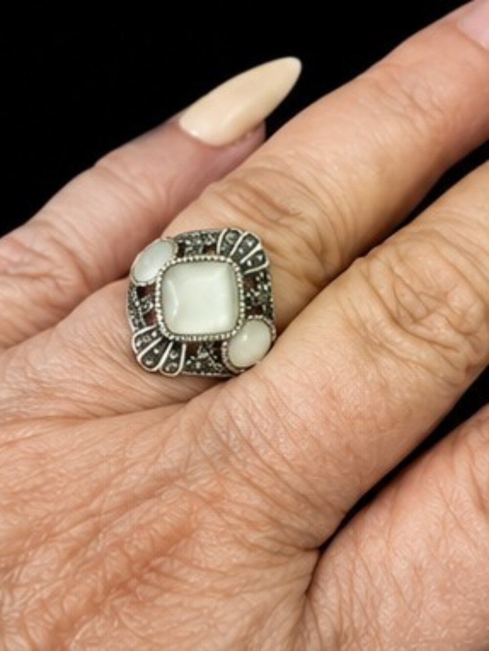 Art Deco Cat's Eye Statement Ring Size 8.5 Rhodium Stainless Steel Marcasite Sty